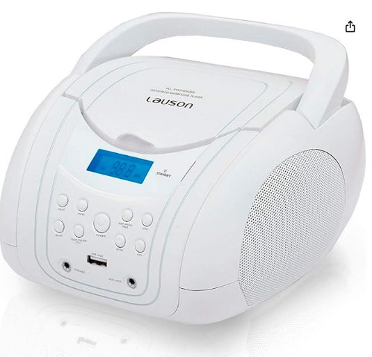 Lauson Radio CD Portátil Blanco | Reproductor CD/MP3 con USB y Radio FM PLL