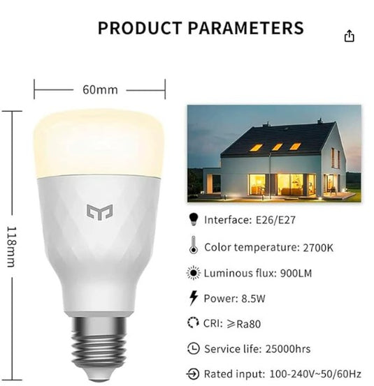 Yeelight Bombilla Inteligente W3 E27 – LED Atenuable 8W, 900 lúmenes, Blanco Cálido 2700K