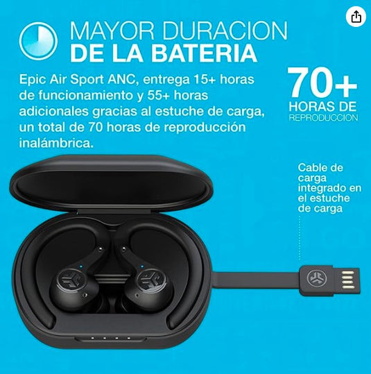 JLab Epic Air Sport ANC Auriculares Inalámbricos Deportivos | Cancelación de Ruido, 55+ Horas de Batería y Modo Película