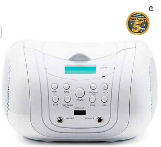 Lauson Radio CD Portátil Blanco | Reproductor CD/MP3 con USB y Radio FM PLL