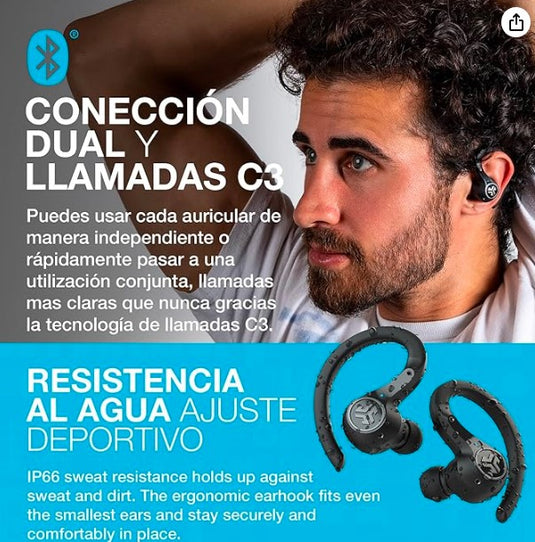 JLab Epic Air Sport ANC Auriculares Inalámbricos Deportivos | Cancelación de Ruido, 55+ Horas de Batería y Modo Película