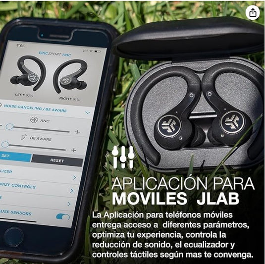 JLab Epic Air Sport ANC Auriculares Inalámbricos Deportivos | Cancelación de Ruido, 55+ Horas de Batería y Modo Película