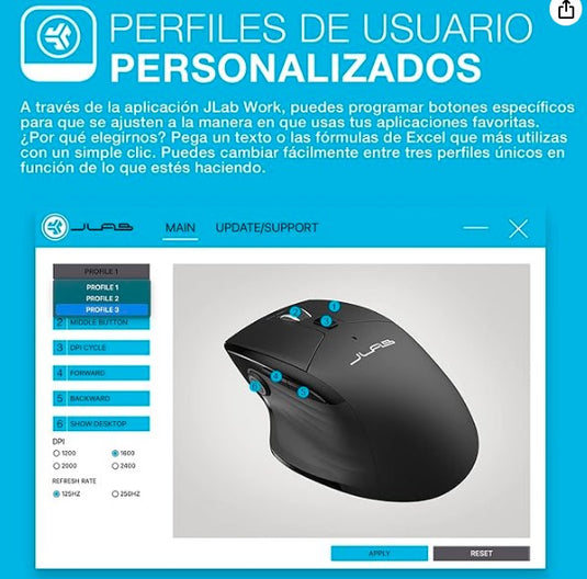 JLab JBuds Ratón Inalámbrico | Bluetooth + USB, Multidispositivo, Recargable y Ergonómico