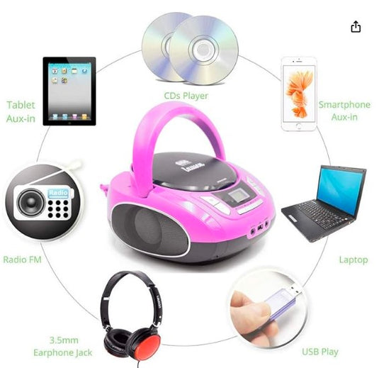 Lauson Radio CD Portátil Rosa | Reproductor CD/MP3 con USB, AUX-IN, Bluetooth