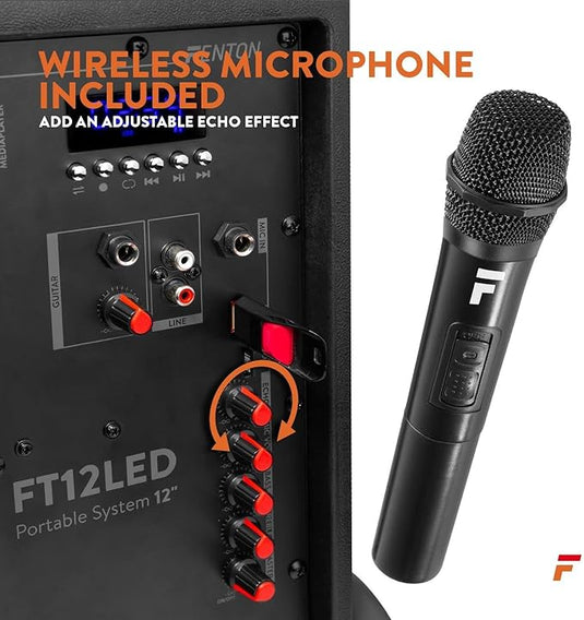 Altavoz Portátil de 12" (700W, Bluetooth, Micrófono Inalámbrico, USB/SD, LED)