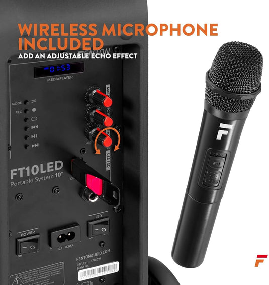 Altavoz Portátil de 10" (450W, Bluetooth, Micrófono Inalámbrico, USB/SD, LED)