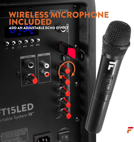 Altavoz Portátil de 15" (800W, Bluetooth, Micrófono Inalámbrico, USB/SD, LED)