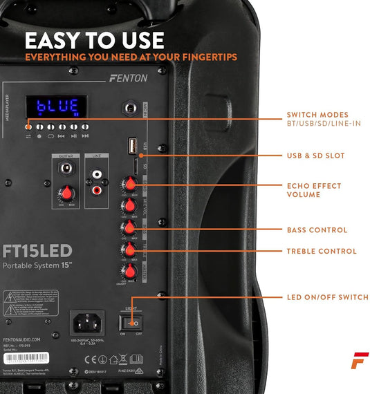 Altavoz Portátil de 15" (800W, Bluetooth, Micrófono Inalámbrico, USB/SD, LED)