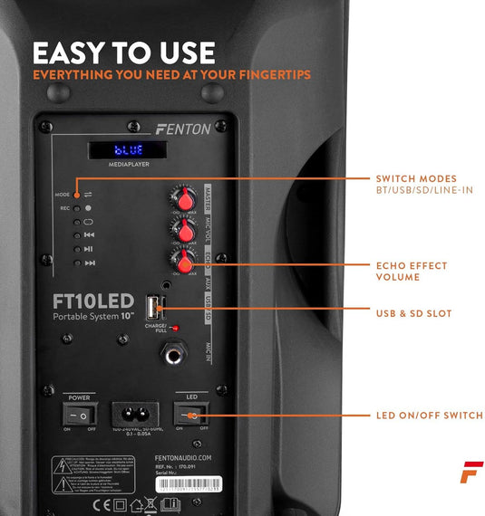 Altavoz Portátil de 10" (450W, Bluetooth, Micrófono Inalámbrico, USB/SD, LED)