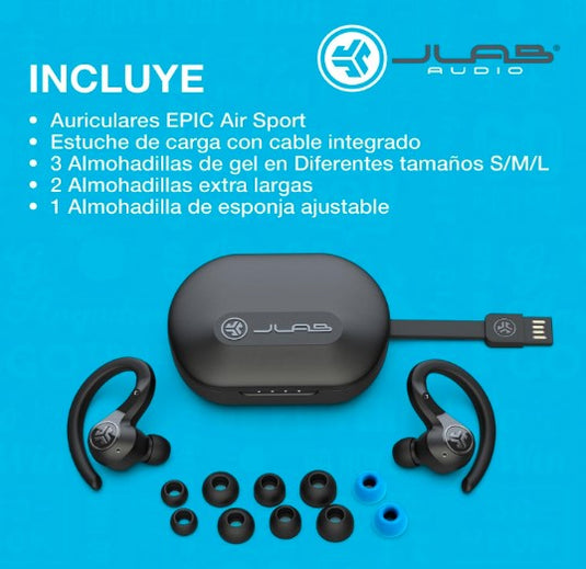 JLab Epic Air Sport ANC Auriculares Inalámbricos Deportivos | Cancelación de Ruido, 55+ Horas de Batería y Modo Película