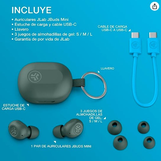 Auriculares Inalámbricos JLab JBuds Mini – True Wireless, 20+ Horas, EQ Personalizable, Negro