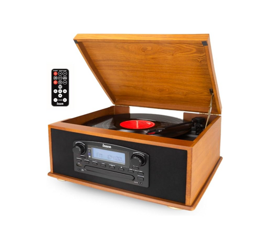 Tocadisco Clásico De Madera CD-Mp3 bluetooth - 3 Velocidades y Altavoces Estéreo