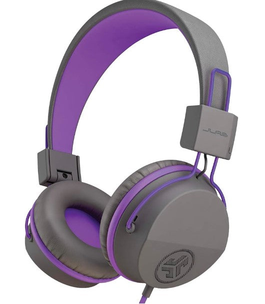 JLab JBuddies Studio – Auriculares con Cable para Niños con Limitador de Volumen y Micrófono (Gris/Púrpura)