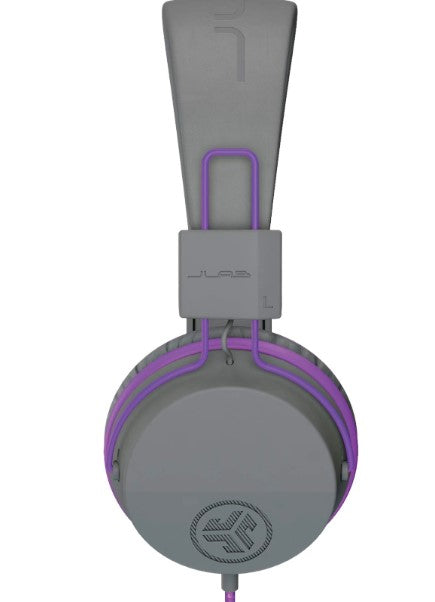 JLab JBuddies Studio – Auriculares con Cable para Niños con Limitador de Volumen y Micrófono (Gris/Púrpura)