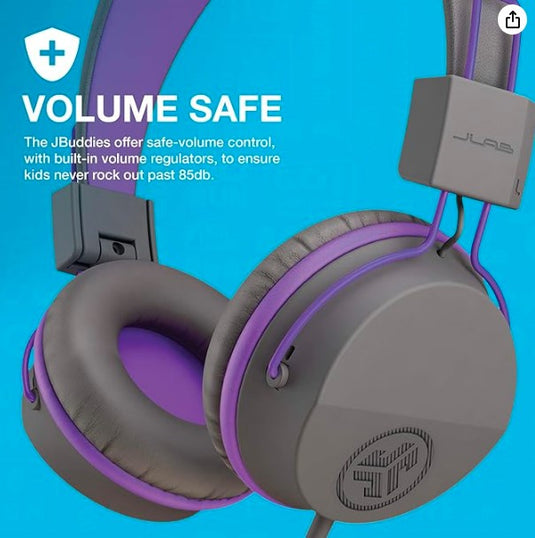 JLab JBuddies Studio – Auriculares con Cable para Niños con Limitador de Volumen y Micrófono (Gris/Púrpura)