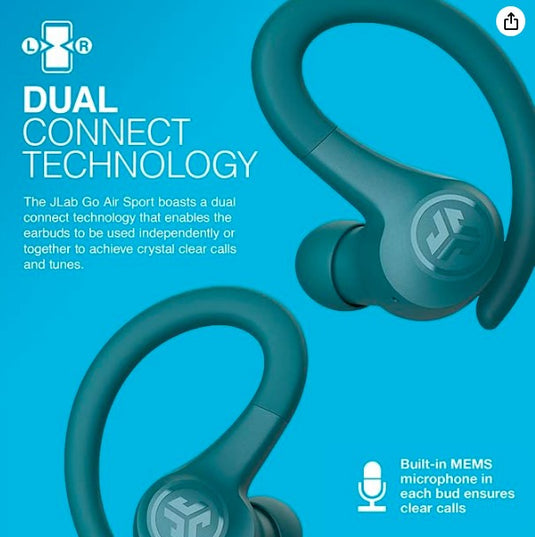 JLab Go Air Sport | Auriculares Bluetooth Deportivos con Ganchos Ergonómicos, 32H de Autonomía, Resistencia al Sudor IP55, Sonido EQ3, Verde Azulado