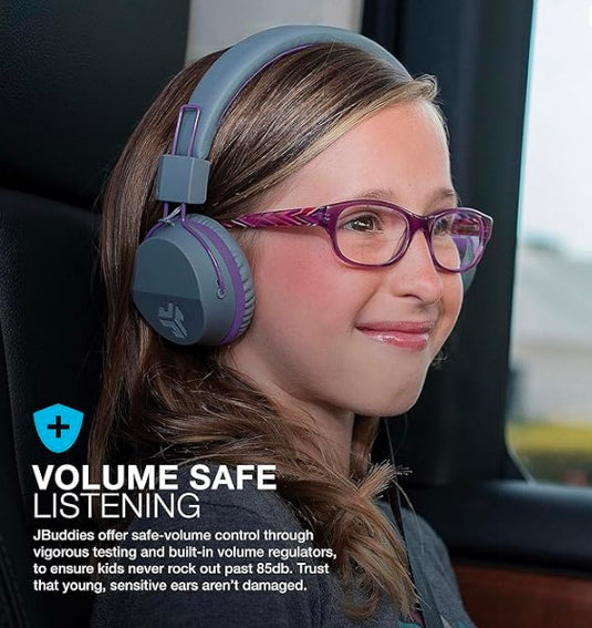 JLab JBuddies Studio | Auriculares Bluetooth para Niños, Limitador de Volumen 85 dB, Micrófono, 24h de Batería, Over-Ear, Púrpura