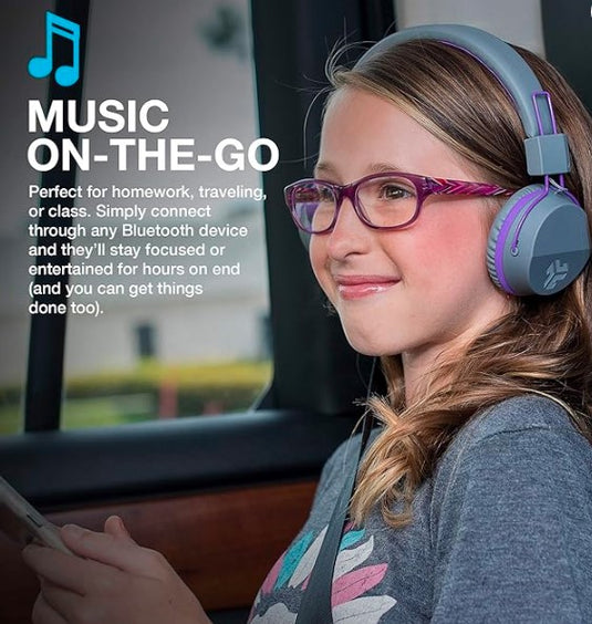 JLab JBuddies Studio | Auriculares Bluetooth para Niños, Limitador de Volumen 85 dB, Micrófono, 24h de Batería, Over-Ear, Púrpura