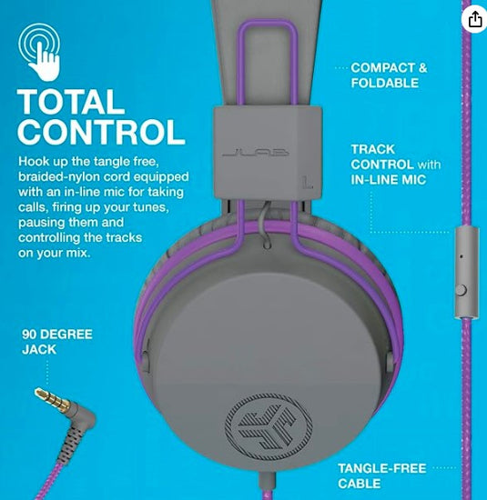 JLab JBuddies Studio – Auriculares con Cable para Niños con Limitador de Volumen y Micrófono (Gris/Púrpura)