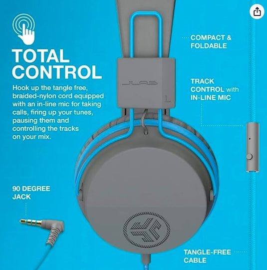 JLab JBuddies Studio – Auriculares con Cable para Niños con Limitador de Volumen y Micrófono (Gris/Azul)