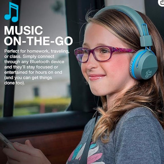 JLab JBuddies Studio | Auriculares Bluetooth para Niños, Limitador de Volumen 85 dB, Micrófono, 24 Horas de Batería, Diseño Over-Ear, Azul