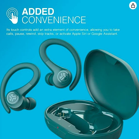 JLab Go Air Sport | Auriculares Bluetooth Deportivos con Ganchos Ergonómicos, 32H de Autonomía, Resistencia al Sudor IP55, Sonido EQ3, Verde Azulado