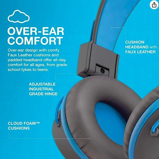 JLab JBuddies Studio – Auriculares con Cable para Niños con Limitador de Volumen y Micrófono (Gris/Azul)
