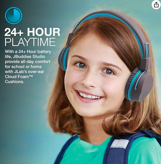 JLab JBuddies Studio | Auriculares Bluetooth para Niños, Limitador de Volumen 85 dB, Micrófono, 24 Horas de Batería, Diseño Over-Ear, Azul
