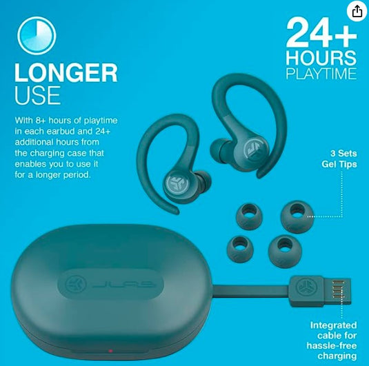 JLab Go Air Sport | Auriculares Bluetooth Deportivos con Ganchos Ergonómicos, 32H de Autonomía, Resistencia al Sudor IP55, Sonido EQ3, Verde Azulado