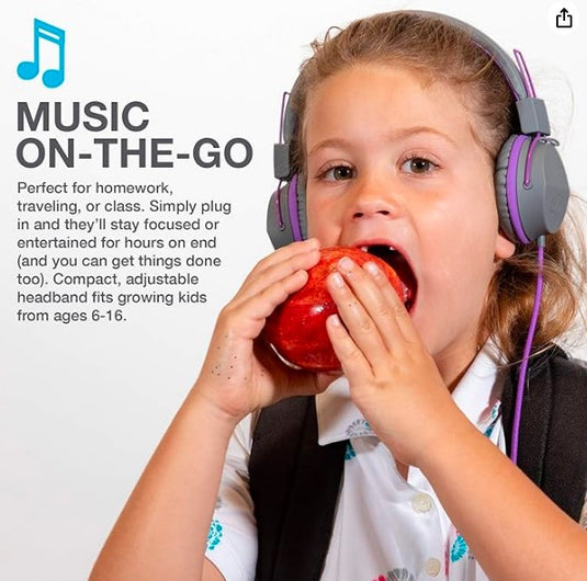 JLab JBuddies Studio – Auriculares con Cable para Niños con Limitador de Volumen y Micrófono (Gris/Púrpura)