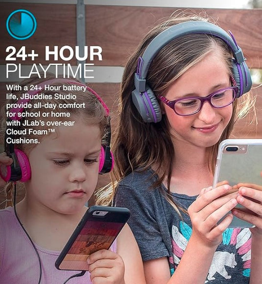 JLab JBuddies Studio | Auriculares Bluetooth para Niños, Limitador de Volumen 85 dB, Micrófono, 24h de Batería, Over-Ear, Púrpura