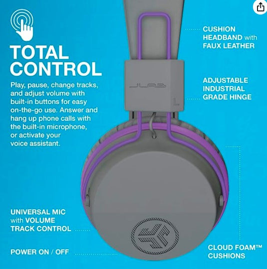 JLab JBuddies Studio | Auriculares Bluetooth para Niños, Limitador de Volumen 85 dB, Micrófono, 24h de Batería, Over-Ear, Púrpura