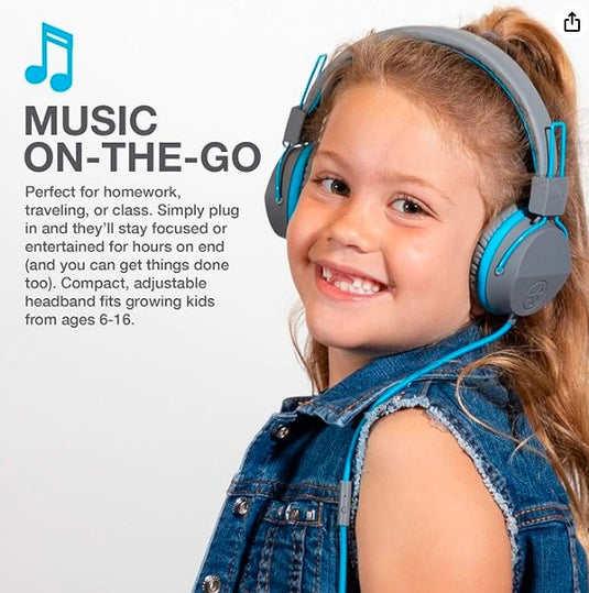 JLab JBuddies Studio – Auriculares con Cable para Niños con Limitador de Volumen y Micrófono (Gris/Azul)