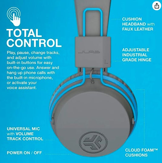 JLab JBuddies Studio | Auriculares Bluetooth para Niños, Limitador de Volumen 85 dB, Micrófono, 24 Horas de Batería, Diseño Over-Ear, Azul