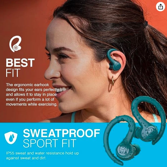 JLab Go Air Sport | Auriculares Bluetooth Deportivos con Ganchos Ergonómicos, 32H de Autonomía, Resistencia al Sudor IP55, Sonido EQ3, Verde Azulado