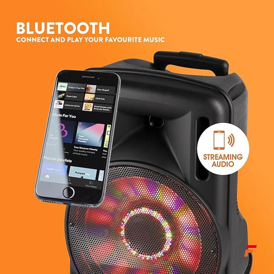 Altavoz Portátil de 12" (700W, Bluetooth, Micrófono Inalámbrico, USB/SD, LED)