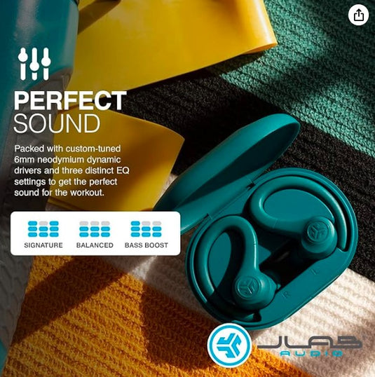 JLab Go Air Sport | Auriculares Bluetooth Deportivos con Ganchos Ergonómicos, 32H de Autonomía, Resistencia al Sudor IP55, Sonido EQ3, Verde Azulado
